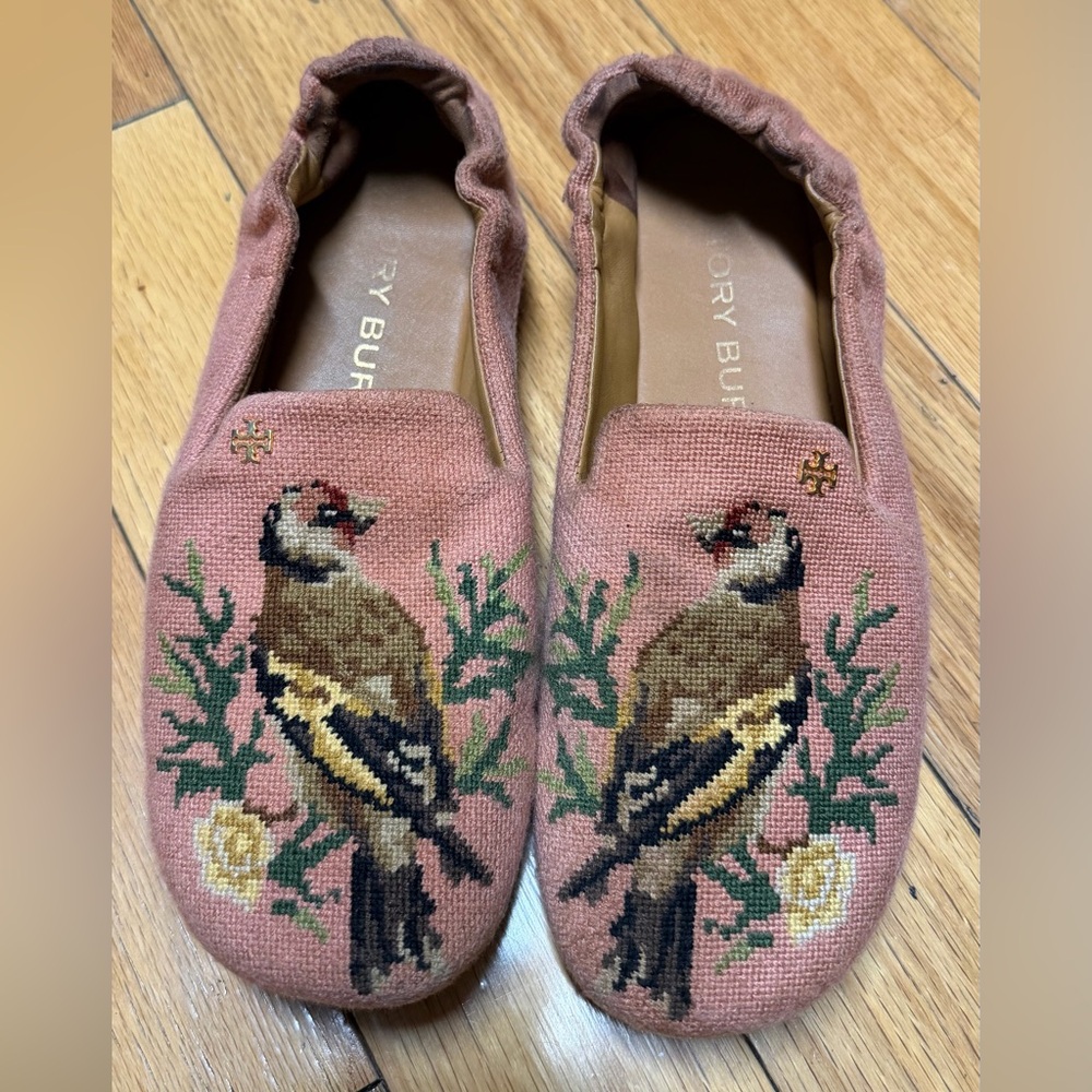 Tory Burch Pink Needlepoint Bird Flats